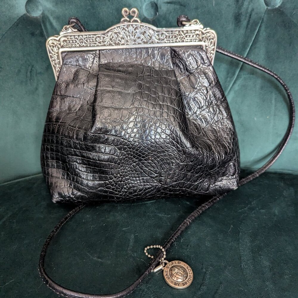 Vintage Brighton 1980s Black Croc print Leather Small Evening Crossbody Purse